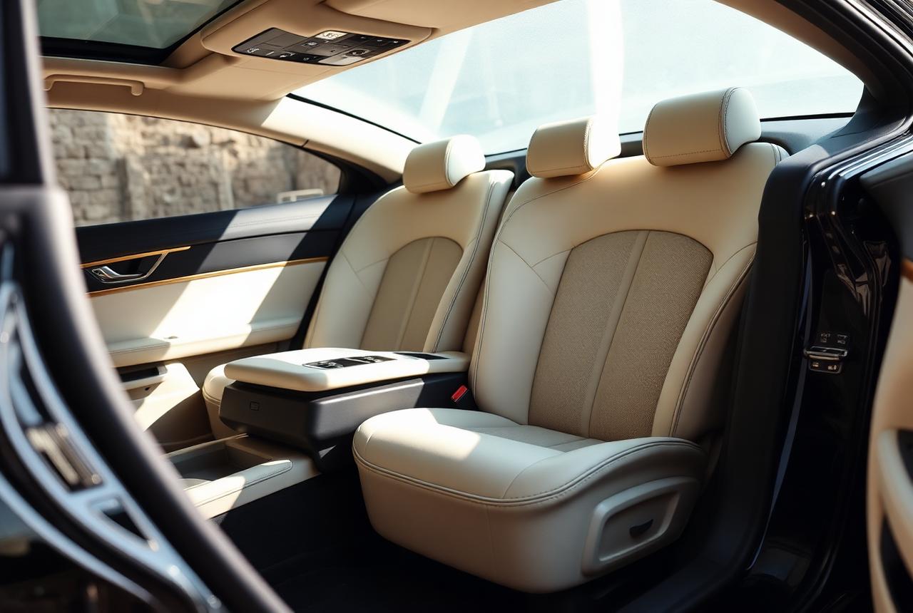 Cream leather rear cabin of a luxury chauffeured sedan